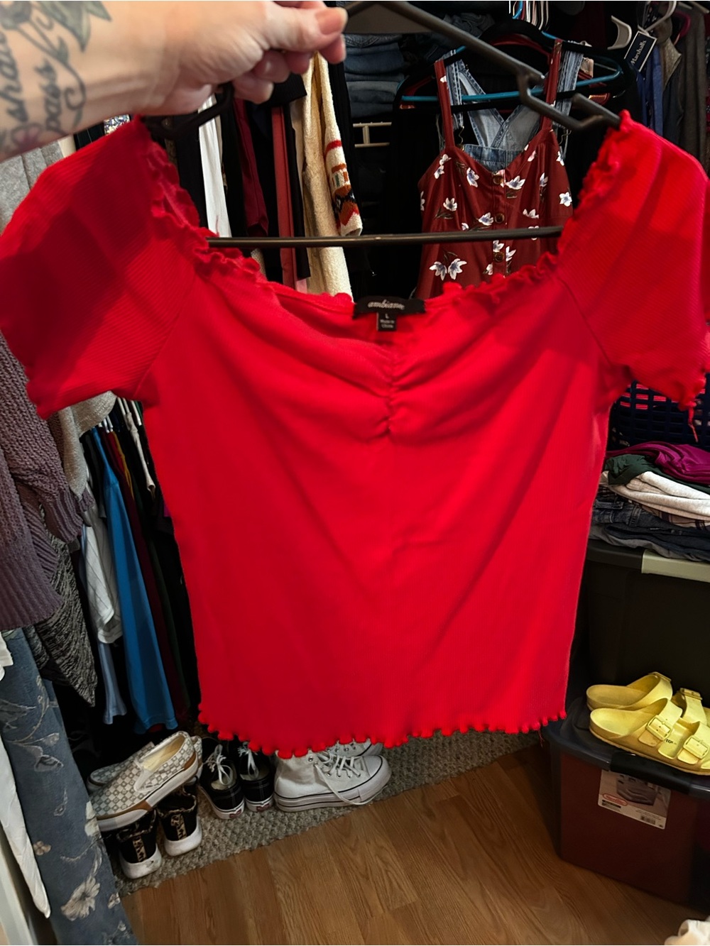 Ambiance Red Ribbed Scoop Crop Top with Lettuce Hem - Picture 2 of 6